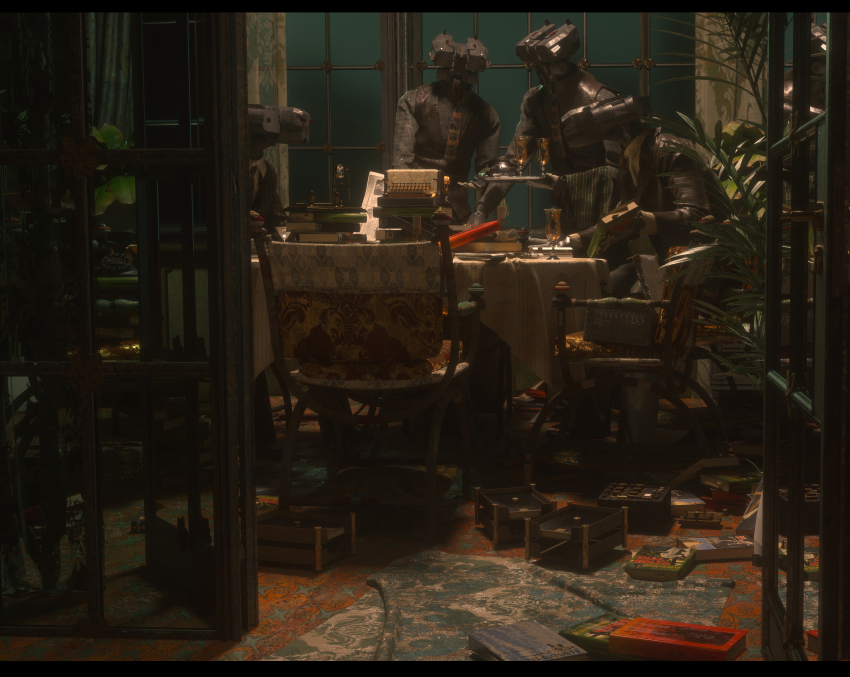 6+boys absurdres alexx_(weibo_2075248687) black_border black_jacket black_pants black_shirt black_vest book book_stack border carpet collared_shirt cup curtains dining_room dress_pants drinking_glass from_behind highres holding holding_plate indoors jacket layered_sleeves letterboxed long_sleeves machinery male_focus multiple_boys newspaper night on_chair open_door original pants plant plate potted_plant shirt sitting typewriter vest window wine_glass