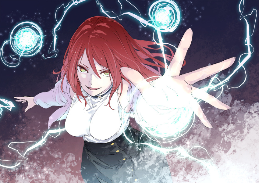 1girl black_skirt breasts brown_eyes brown_hair commentary_request electricity electrokinesis hair_between_eyes highres jacket large_breasts long_hair looking_at_viewer mugino_shizuri shirt skirt sleeveless sleeveless_shirt solo strelka_(hh_strelka) toaru_anbu_no_item toaru_kagaku_no_railgun toaru_majutsu_no_index white_jacket white_shirt