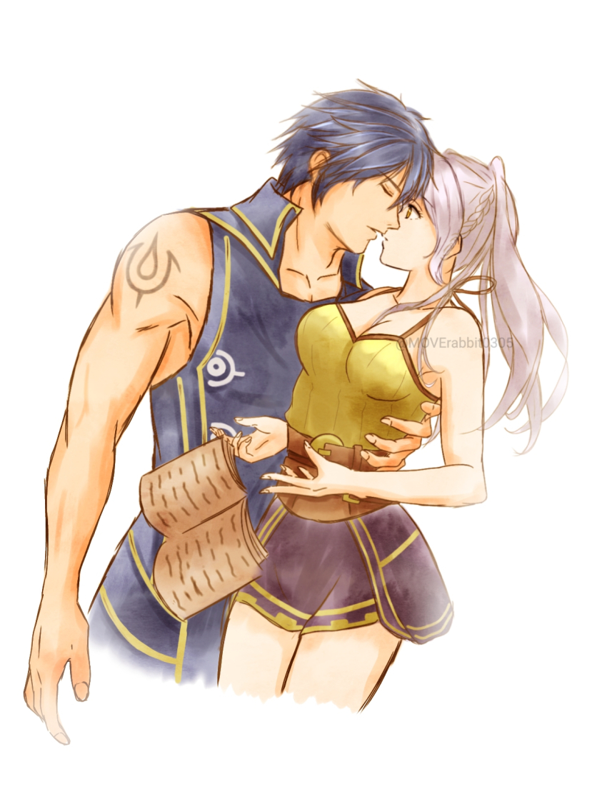 1boy 1girl alternate_costume arm_at_side arm_tattoo armpit_crease bare_arms bare_shoulders belt blue_eyes blue_hair book breasts chrom_(fire_emblem) cleavage collarbone couple eyelashes female_robin_(fire_emblem) fingernails fire_emblem fire_emblem_awakening halterneck hand_on_another&#039;s_waist highres intelligent_systems kiss leaning_on_person legs_together long_hair medium_breasts miniskirt moverabbit0305 muscular_arms neck parted_lips shirt short_hair sidelocks skirt sleeveless sleeveless_shirt spaghetti_strap standing surprise_kiss surprised swept_bangs tattoo thighs toned toned_male twintails white_background white_hair yellow_eyes