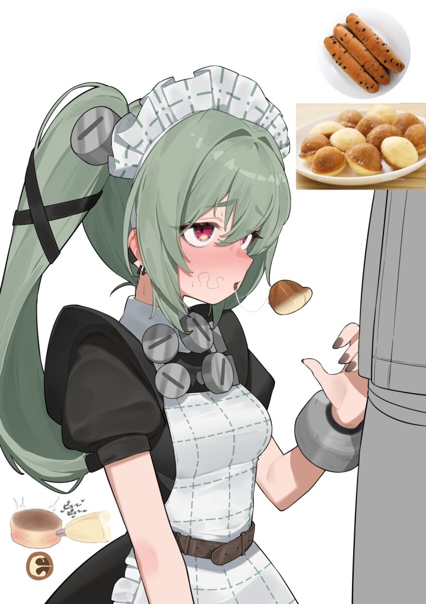 1boy 1girl apron belt black_dress black_nails black_ribbon blush breasts brown_belt commentary corin_wickes cuffs dress earclip earrings flasso food from_side furrowed_brow green_hair hair_between_eyes hair_intakes hair_ribbon hetero highres jewelry long_hair looking_at_another maid maid_apron maid_headdress medium_breasts nail_polish open_mouth pastry pastry_bag photo_inset puffy_short_sleeves puffy_sleeves red_eyes ribbon saliva saliva_trail screw_hair_ornament sexually_suggestive shackles short_sleeves simple_background solo_focus stray_pubic_hair tongue tongue_out twintails upper_body white_apron white_background zenless_zone_zero