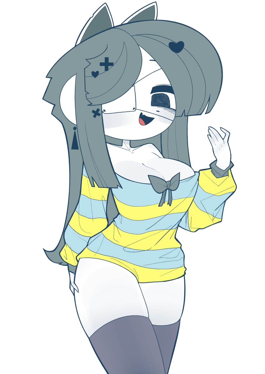 absurdres breasts cleavage earrings eyepatch furry furry_female highres hss_dada_01 jewelry large_breasts looking_at_viewer single_earring striped_clothes striped_sweater sweater temmie thick_thighs thighhighs thighs undertale white_background