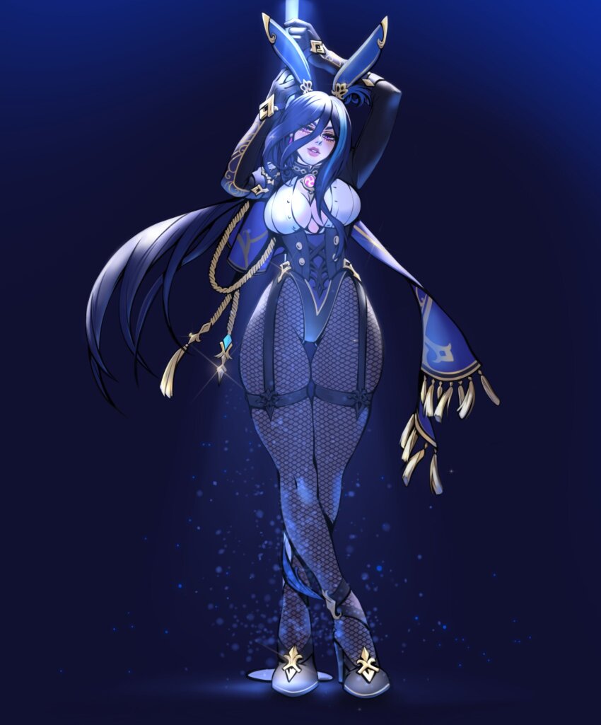 1girl ascot black_corset blue_cape blue_hair blue_headwear button_gap cape clorinde_(genshin_impact) corset dark_blue_hair epaulettes framed_breasts genshin_impact gloves highres low_ponytail lunart ponytail purple_ascot shirt solo taut_clothes taut_shirt vision_(genshin_impact) white_gloves