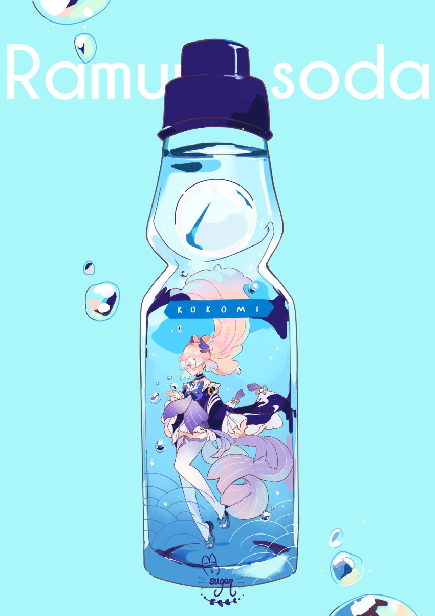 1girl absurdres bare_shoulders blue_background blue_bow blue_bowtie blue_dress blue_hair blue_sandals blush_stickers bottle bow bow-shaped_hair bowtie bubble character_name choker closed_mouth clothes_lift colored_eyelashes colored_tips commentary dress dress_bow dress_lift english_commentary english_text floating_hair footwear_bow frilled_choker frilled_dress frilled_sleeves frills full_body genshin_impact geta gold_bow hair_ornament highres in_bottle in_container long_hair long_sleeves multicolored_hair orange_hair purple_choker purple_eyes ramune sandals sangonomiya_kokomi short_dress sleeveless sleeveless_dress smile soda_bottle solo striped_bow striped_bowtie striped_clothes submerged sugahri tassel thighhighs white_thighhighs wide_sleeves zouri