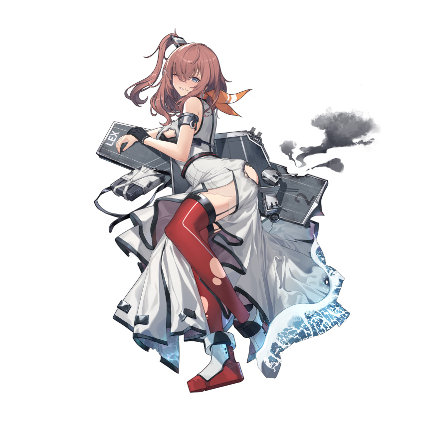 1girl absurdres ass blue_eyes breast_pocket breasts brown_hair commentary_request dress full_body hair_between_eyes hair_ornament high_side_ponytail highres kantai_collection large_breasts long_hair looking_at_viewer neckerchief one_eye_closed original pocket ponytail side_ponytail sidelocks simple_background smokestack smokestack_hair_ornament solo thighhighs torn_clothes torn_dress uss_lexington_(cv-2)_(personification) white_dress xiu_kukkii