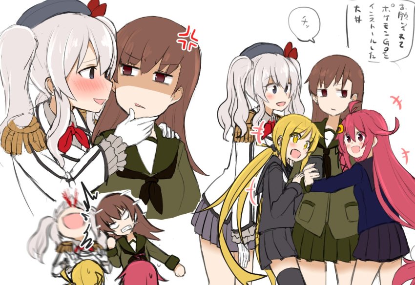 10s 4girls :d anger_vein angry atsushi_(aaa-bbb) bags_under_eyes bare_legs beret black_eyes black_headwear black_neckerchief black_serafuku black_skirt blonde_hair blood blue_serafuku blurry blush brown_eyes brown_hair cellphone comic commentary couple crescent crescent_hair_ornament depth_of_field empty_eyes epaulettes eye_contact female_focus frilled_sleeves frills girl_sandwich gloves grabbing_another&#039;s_chin green_serafuku grey_skirt hair_ornament hand_on_another&#039;s_chin hand_up happy hat headbutt highres hug imminent_kiss kantai_collection kashima_(kancolle) kerchief legs long_hair long_sleeves looking_at_another looking_away multiple_girls neck neckerchief nosebleed ooi_(kancolle) open_mouth phone pink_hair pleated_skirt red_eyes red_kerchief sandwiched satsuki_(kancolle) school_uniform serafuku shaded_face short_hair silver_hair skirt smartphone smile standing sweatdrop thighhighs twintails uzuki_(kancolle) very_long_hair white_background white_gloves white_uniform yellow_eyes yuri