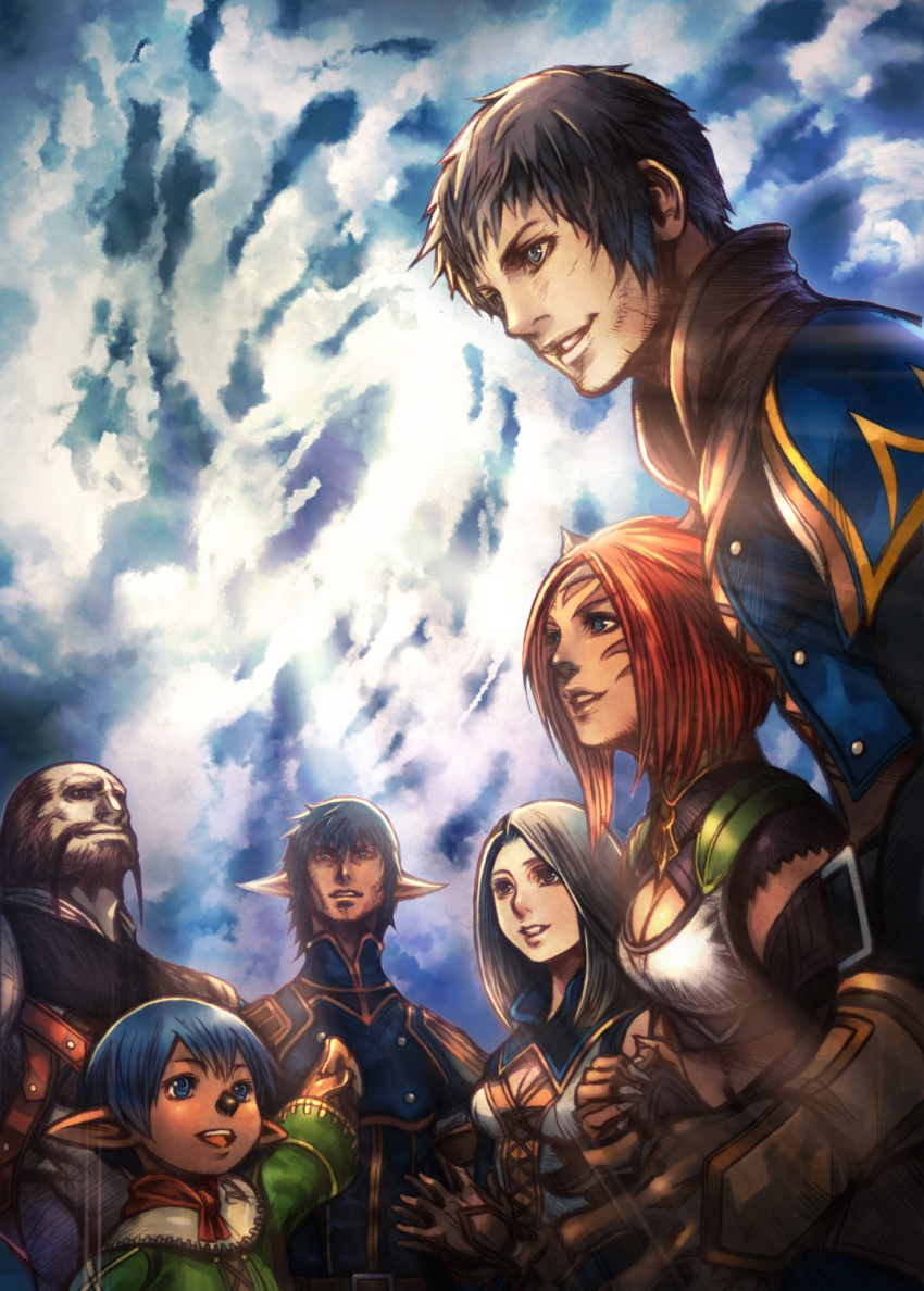 2girls 4boys :d adventurer_(ff11) animal_ears arm_up black_eyes black_gloves black_hair blue_eyes blue_hair blue_sky breasts brown_mittens cat_ears cat_girl cleavage cloud cloudy_sky commentary cross-laced_clothes double-parted_bangs elf elvaan facial_hair facial_mark final_fantasy final_fantasy_xi fingernails fu_manchu_(mustache) galka gloves grey_headband headband highres hume light_rays long_mustache long_sleeves medium_breasts medium_hair mithra_(ff11) mittens multiple_boys multiple_girls mustache nomura_tetsuya official_art open_mouth outdoors pointy_ears red_hair second-party_source sharp_fingernails short_hair sky smile tarutaru teeth upper_teeth_only whisker_markings
