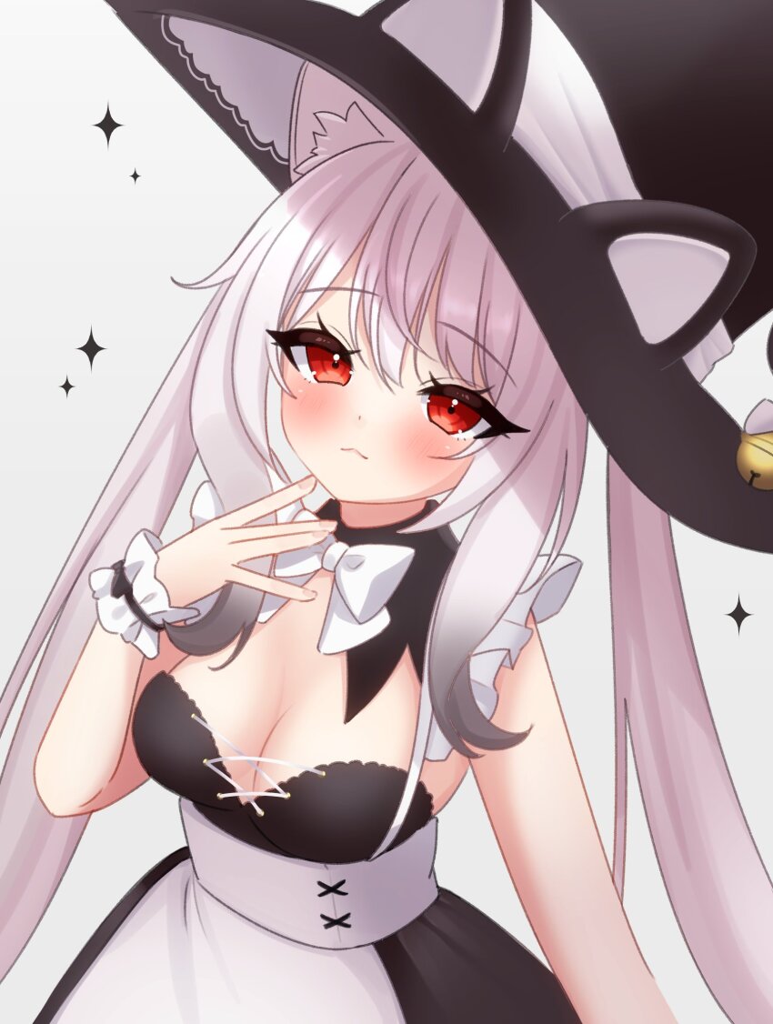 1girl :3 animal_ear_fluff animal_ears animal_hat apron bare_shoulders bell black_collar black_dress blush bow bowtie breasts cat_ears cat_hat cleavage closed_mouth collar detached_collar dress ears_through_headwear fake_animal_ears frills gradient_hair grey_background grey_hair hair_between_eyes hand_to_own_mouth hand_up hat hat_bow highres jingle_bell long_hair looking_at_viewer mashir_oxo maya_(vrchat) medium_breasts multicolored_hair red_eyes sidelocks simple_background sleeveless sleeveless_dress smile solo sparkle twintails very_long_hair vrchat waist_apron white_apron white_background white_bow white_bowtie white_hair witch_hat wrist_cuffs