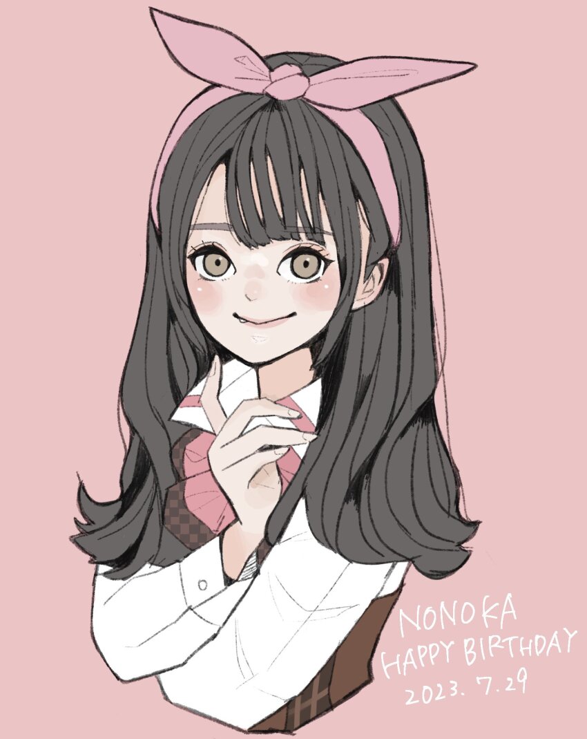1girl assault_lily black_hair blush bow bow_hairband bowtie brown_eyes closed_mouth collared_shirt commentary corset cropped_torso crossed_arms dated fang fang_out fingernails hair_bow hairband hand_up happy_birthday highres long_hair long_sleeves looking_at_viewer ludvico_private_girls&#039;_academy_school_uniform nagase_marta_nonoka pink_background pink_bow pink_bowtie pink_hairband sally_(allogkk) school_uniform shirt simple_background smile solo underbust upper_body white_shirt
