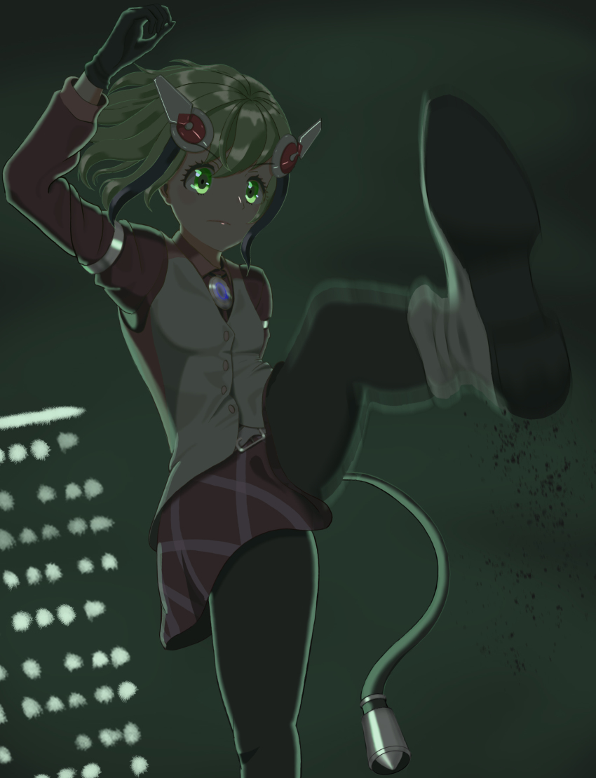 1girl android boots cable cable_tail dimension_w gloves green_eyes green_hair hat highres matching_hair/eyes mechanical_tail multicolored_hair pantyhose shirt short_hair skirt solo tail two-tone_hair vest yurizaki_mira