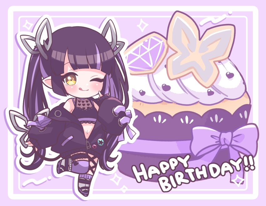 1girl ;q black_hair black_jacket black_ribbon black_shirt blunt_bangs blush boots cake chibi closed_mouth commentary_request crop_top demon_girl demon_horns demon_tail food full_body grey_boots happy_birthday heart heart_print highres horns jacket kino_haruc kojo_anna kojo_anna_(1st_costume) leg_ribbon long_hair long_sleeves looking_at_viewer midriff multicolored_hair nanashi_inc. navel off_shoulder one_eye_closed open_clothes open_jacket outline pointy_ears print_shirt purple_background purple_hair ribbon see-through_clothes see-through_shirt shirt single_thighhigh sleeveless sleeveless_shirt smile solo standing standing_on_one_leg tail thigh_strap thighhighs tongue tongue_out twintails two-tone_hair virtual_youtuber white_outline yellow_eyes zipper