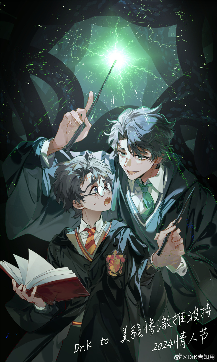 2boys animification black_coat black_hair black_pants blue_eyes book chinese_text coat collared_shirt cowboy_shot curtained_hair diagonal-striped_clothes diagonal-striped_necktie dr.k emblem eye_contact glasses green_eyes green_necktie grey_sweater gryffindor hair_between_eyes hand_up harry_potter harry_potter_(series) height_difference highres hogwarts_school_uniform holding holding_another&#039;s_wrist holding_book holding_wand light_particles long_sleeves looking_at_another looking_back magic male_focus multiple_boys necktie open_book open_mouth pants red_necktie scar scar_on_face scar_on_forehead school_uniform shirt short_hair slytherin standing striped_clothes striped_necktie surprised sweatdrop sweater teeth time_paradox tom_marvolo_riddle tree wand watermark wavy_hair weibo_watermark white_shirt wide_sleeves wizarding_world yellow_necktie