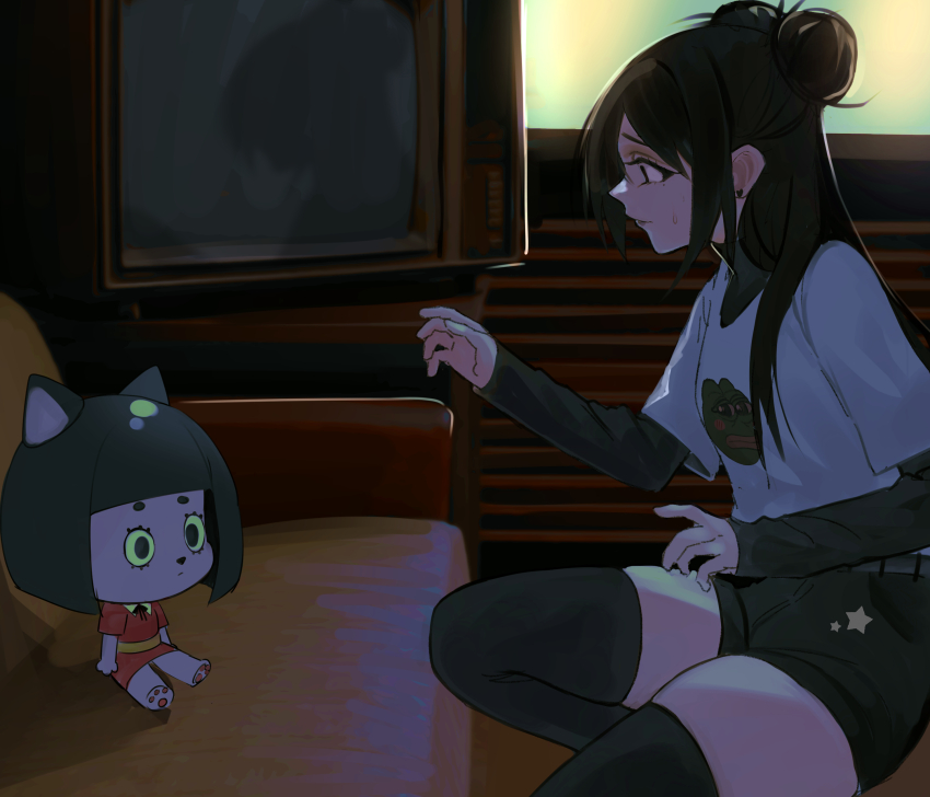 2girls absurdres animal_ears black_hair black_shorts black_thighhighs blunt_bangs bob_cut cat_ears cat_girl chibi commentary couch double_bun english_commentary hair_bun highres indoors kumaartsu layered_sleeves long_hair long_sleeves mole mole_under_eye multiple_girls nervous original pepe_the_frog shadow short_over_long_sleeves short_shorts short_sleeves shorts sitting squatting sweatdrop television thighhighs