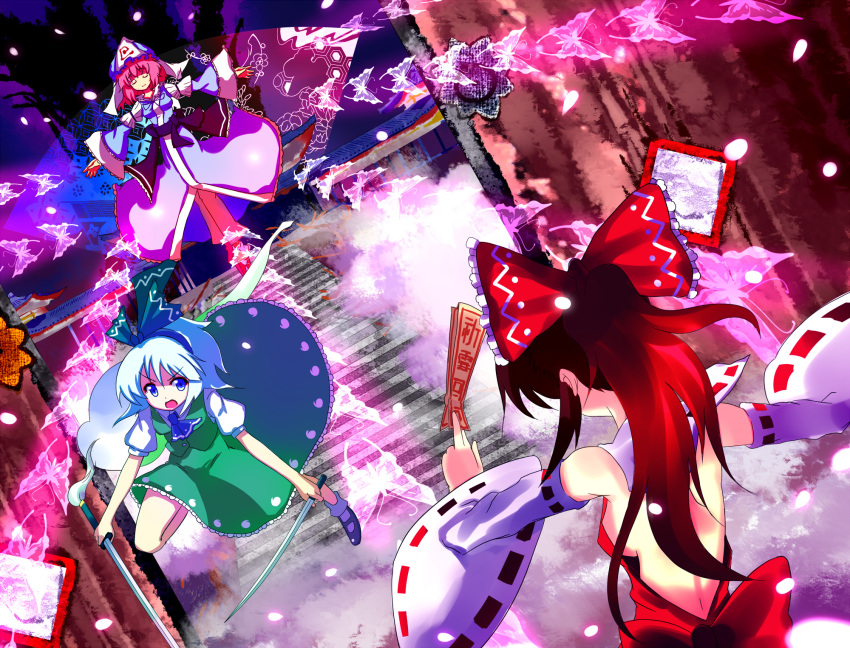 3girls bug butterfly danmaku dual_wielding dutch_angle hand_fan female_focus goshoguruma hairband hakurei_reimu hat hexagon highres hitodama holding bug japanese_clothes katana kimono konpaku_youmu konpaku_youmu_(ghost) multiple_girls nickq ribbon saigyouji_yuyuko saigyouji_yuyuko&#039;s_fan_design shippou_(pattern) skirt sword tanto touhou weapon