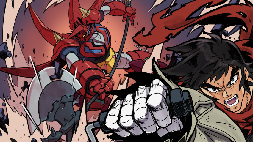 1boy absurdres armor axe bandaged_hand bandages battle_axe black_eyes black_hair blue_armor cape debris getter_robo hanahiyo_(hoimin) highres holding lever long_sleeves male_focus mecha mecha_focus multicolored_armor nagare_ryoma open_mouth pauldrons red_armor red_cape red_scarf robot scarf shin_getter_dragon shin_getter_robo short_hair shoulder_armor shoulder_spikes spiked_hair spikes super_robot super_robot_wars super_robot_wars_30 swinging_weapon thick_eyebrows torn_clothes torn_scarf torn_sleeve two-handed v-shaped_eyebrows weapon yellow_armor yellow_eyes