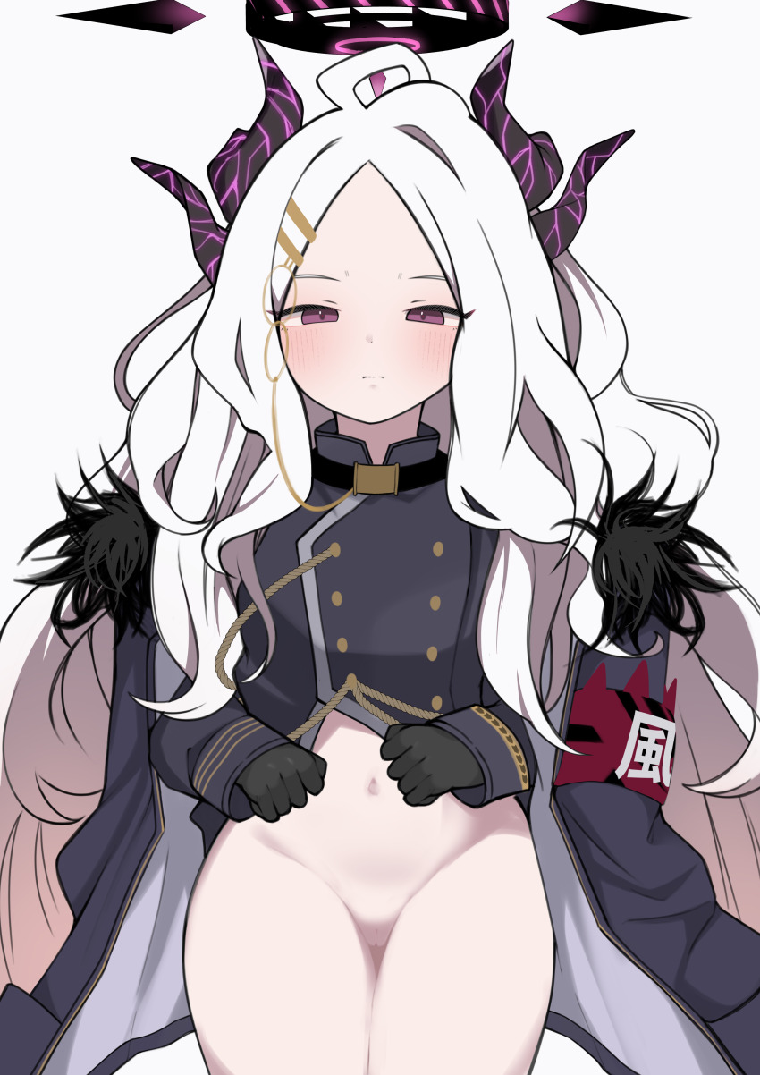 1girl absurdres ahoge black_coat black_gloves black_halo blue_archive blush coat coat_on_shoulders demon_girl demon_horns demon_wings gloves halo highres hina_(blue_archive) horns kumano_foo loli long_hair looking_at_viewer navel panties pubic_hair purple_eyes pussy side-tie_panties simple_background solo standing underwear white_background white_hair wings