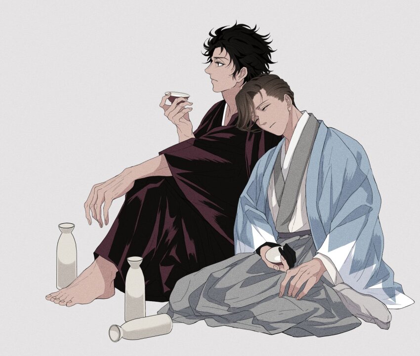 2boys barefoot black_gloves black_hair black_kimono blue_jacket brown_hair choko_(cup) closed_eyes closed_mouth cup expressionless fate/grand_order fate_(series) gloves grey_hakama hair_pulled_back hair_slicked_back hakama haori head_on_another&#039;s_shoulder hijikata_toshizou_(fate) holding holding_cup jacket japanese_clothes kimiruun kimono knee_up leaning_on_person leaning_to_the_side long_sleeves looking_ahead male_focus multiple_boys open_clothes open_jacket parted_lips partially_fingerless_gloves profile shinsengumi short_hair side-by-side side_part simple_background single_glove sitting sleeping sleeping_upright socks tabi tokkuri white_background white_kimono white_socks yamanami_keisuke_(fate) yokozuwari