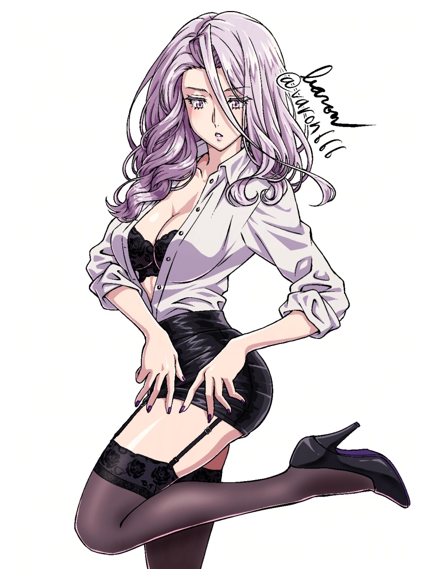 1girl baron_(varon666) bra breasts cleavage collarbone fuuto_tantei garter_straps high_heels highres kamen_rider kamen_rider_w large_breasts long_hair open_clothes open_shirt purple_eyes purple_hair solo tokime_(fuuto_tantei) underwear varon