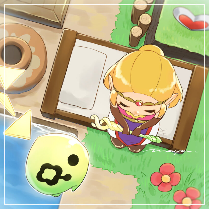 1girl artist_name blonde_hair brown_gloves commentary elbow_gloves flower from_above gloves grass heart_container highres holding holding_staff mage_staff maya_(mayamayammy) nintendo on_bed pants pelvic_curtain pink_shirt pointy_ears princess_zelda red_flower shirt signature sitting solo staff the_legend_of_zelda the_legend_of_zelda:_echoes_of_wisdom tri_(zelda) tri_rod water white_pants