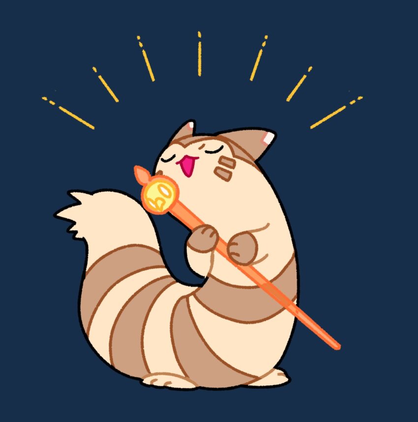 :d animal_focus animal_hands blue_background brown_fur closed_eyes full_body furret gen_2_pokemon highres looking_at_viewer nintendo no_humans nose_poke000 open_mouth pokemon pokemon_(creature) simple_background smile solo standing u_u yellow_fur