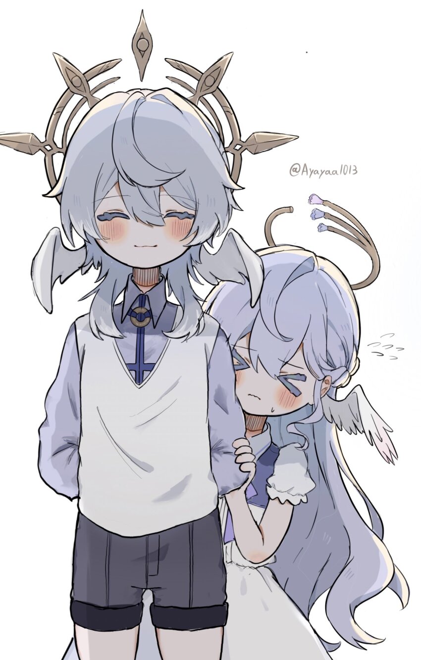 &gt;_&lt; 1boy 1girl :3 ^_^ aged_down ameyama_aya arms_behind_back artist_name black_shorts blue_shirt blush check_commentary child closed_eyes closed_mouth collared_shirt color_coordination colored_eyelashes commentary commentary_request cowboy_shot dress facing_viewer feathered_wings flying_sweatdrops hair_between_eyes hair_intakes halo halo_behind_head hand_on_another&#039;s_arm hatching_(texture) head_wings height_difference hiding hiding_behind_another highres honkai:_star_rail honkai_(series) linear_hatching long_hair long_sleeves matching_outfits medium_hair metal puffy_short_sleeves puffy_sleeves robin_(honkai:_star_rail) shirt short_sleeves shorts shorts_rolled_up siblings standing sunday_(honkai:_star_rail) sweater_vest twitter_username very_long_hair wavy_mouth white_background white_dress white_hair white_sweater_vest white_theme wings