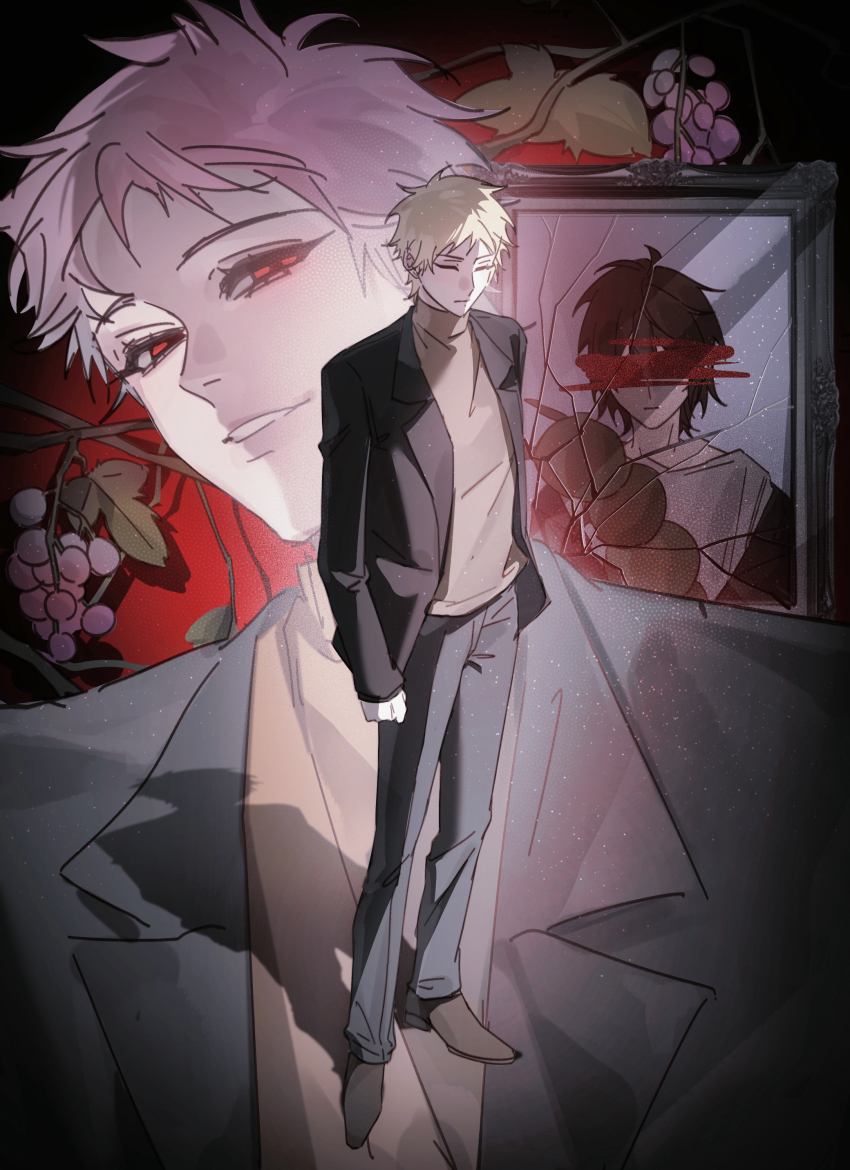 2boys absurdres atou_haruki black_jacket blonde_hair brown_hair brown_shoes brown_sweater censored censored_identity chinese_commentary closed_eyes closed_mouth commentary_request crack food fruit grapes grey_pants highres isoi_haruki jacket male_focus multiple_boys open_clothes open_jacket pants pink_hair portrait_(object) red_eyes saibou_shinkyoku shoes short_hair smile spoilers sweater turtleneck turtleneck_sweater zhili_yuan