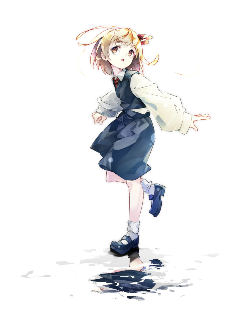 1girl black_shoes black_skirt black_vest blonde_hair collared_shirt commentary_request full_body gorilla_(bun0615) hair_ribbon highres leg_up long_hair long_sleeves mary_janes open_mouth orange_eyes puddle red_ribbon reflection reflective_water ribbon rumia shirt shoes skirt skirt_set socks solo standing standing_on_one_leg touhou vest white_shirt white_socks