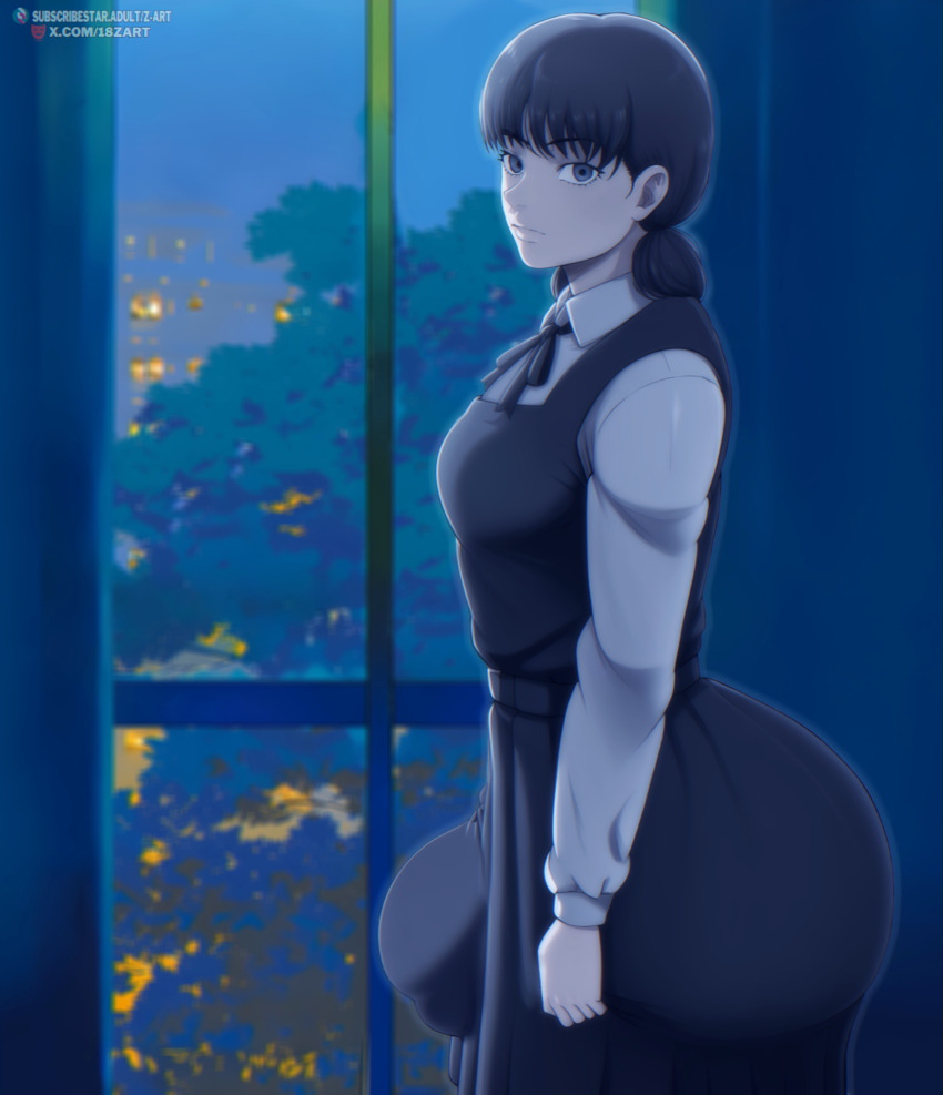 1futa absurdres artist_name ass black_eyes black_hair breasts bulge chainsaw_man futanari highres huge_ass long_hair long_sleeves looking_at_viewer medium_breasts mitaka_asa school_uniform skirt solo window z-art