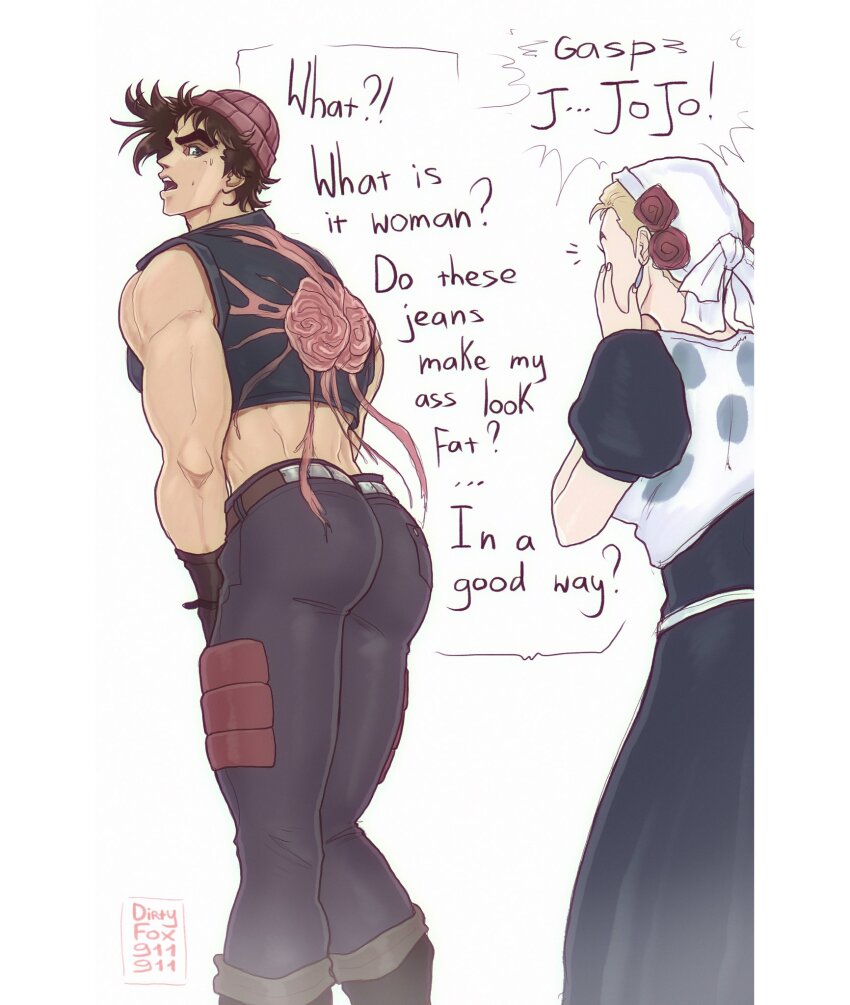 1boy 1girl ass bandana bare_shoulders battle_tendency beanie blonde_hair brain brown_hair crop_top dirtyfox911911 earrings english_text esidisi fingerless_gloves flower gloves hat hat_flower highres jewelry jojo_no_kimyou_na_bouken joseph_joestar joseph_joestar_(young) knees_together_feet_apart leaning_forward midriff pants standing suzi_q tight_clothes tight_pants