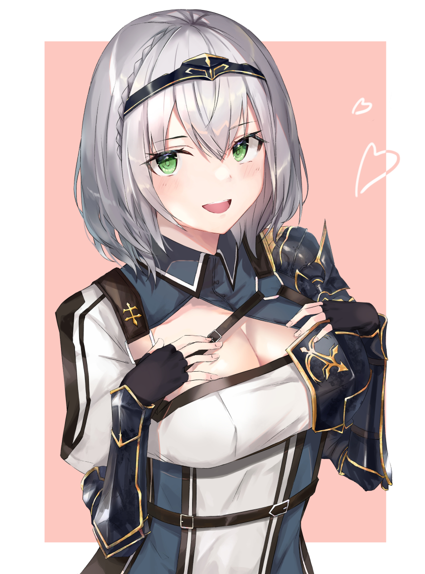 1girl :d absurdres armor black_gloves blush braid breasts cleavage_cutout clothing_cutout commentary dress fingerless_gloves gloves green_eyes grey_hair hair_between_eyes heart highres hololive large_breasts medium_hair open_mouth outside_border pauldrons shirogane_noel shirogane_noel_(1st_costume) shoulder_armor single_pauldron smile solo taht_(that_is_mm) tiara tongue vambraces virtual_youtuber