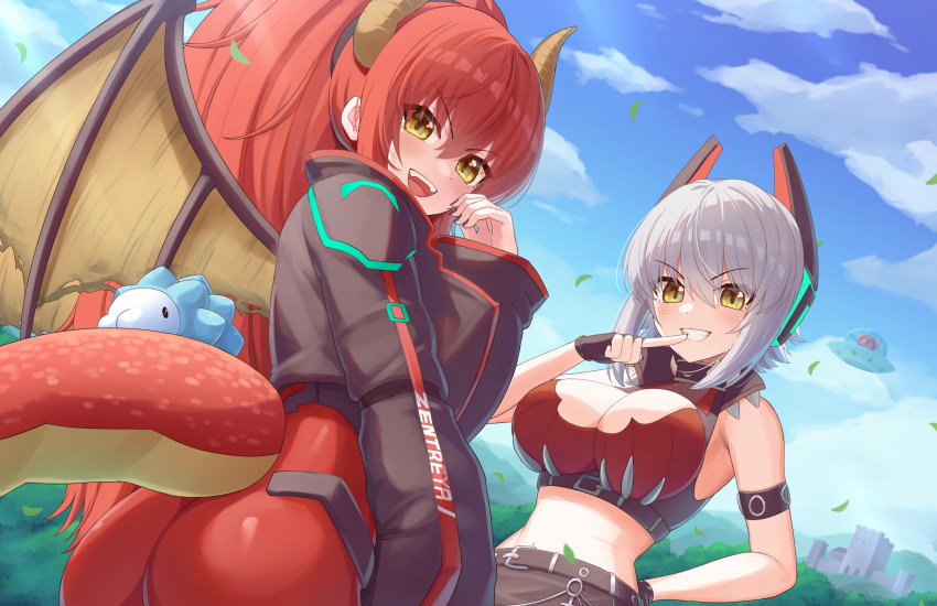 2girls android arm_behind_back arm_strap ass black_gloves black_jacket black_nails black_skirt blue_sky blush bodysuit bokuboyarts breasts closed_mouth cloud cropped_jacket dragon_girl dragon_horns dragon_tail dragon_wings finger_to_mouth gen_8_pokemon gloves highres horns jacket large_breasts long_hair mechanical_horns midriff multiple_girls nail_polish nintendo open_mouth pokemon pokemon_(creature) ponytail red_bodysuit red_hair red_tube_top short_hair sidelocks skirt sky slit_pupils smile snom strapless tail teeth tube_top upper_teeth_only virtual_youtuber vshojo wings yellow_eyes zentreya zentreya_(cyborg) zentreya_(cyborg)_(1st_costume) zentreya_(dragon) zentreya_(dragon)_(1st_costume)