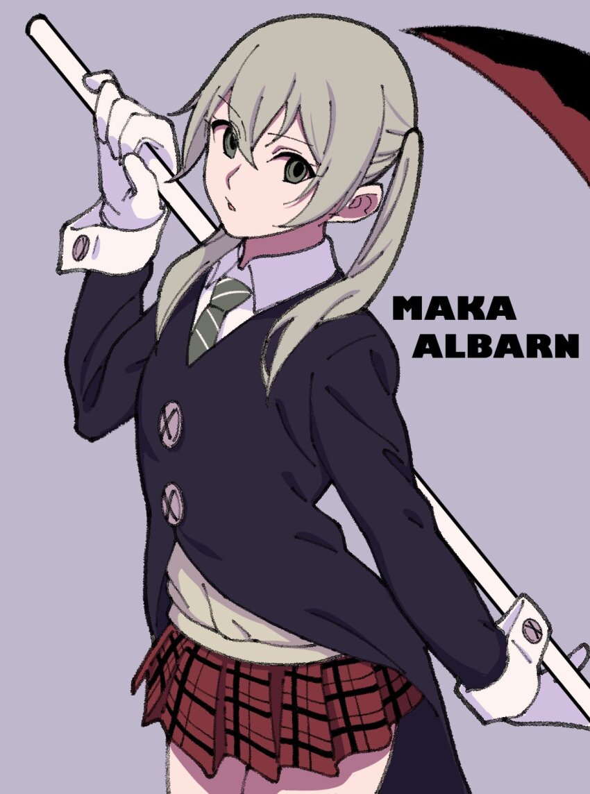 1girl character_name collared_shirt commentary cuff_links gloves green_eyes green_necktie grey_background grey_hair highres holding holding_scythe holding_weapon kashiwa_(iersansi) long_sleeves looking_at_viewer maka_albarn necktie parted_lips plaid_clothes plaid_skirt pleated_skirt scythe shirt simple_background skirt solo soul_eater twintails weapon white_gloves white_shirt