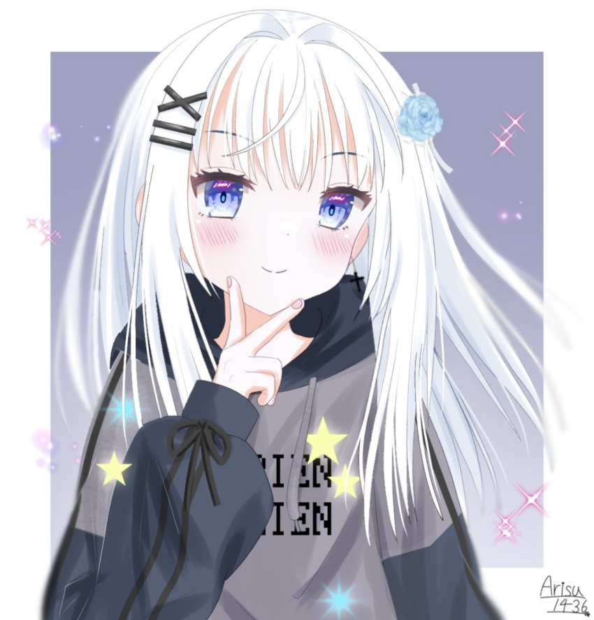 1girl arisuuuuu.1436 blue_eyes closed_mouth grey_hair highres hood hooded_jacket hoodie ibispaint_(medium) jacket long_hair original smile star_(symbol) tarot the_star_(tarot) v white_hair