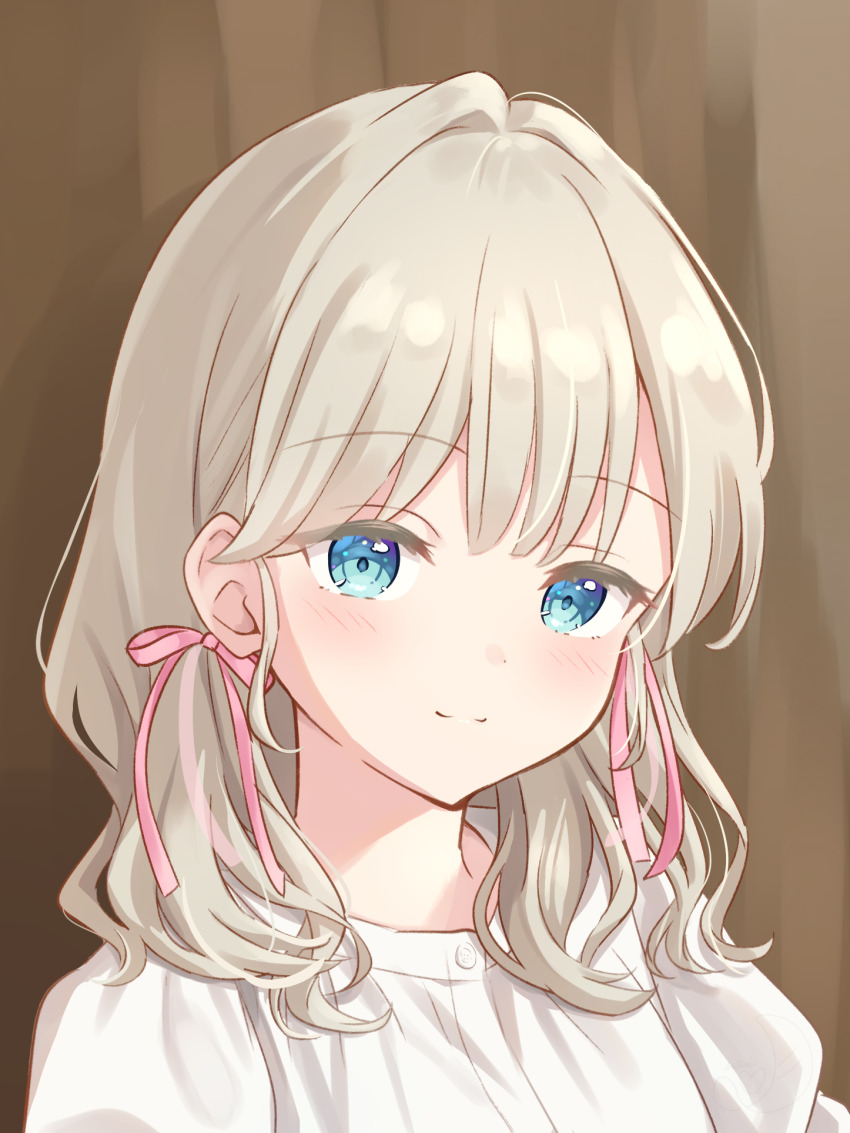 1girl blue_eyes blush brown_background ceras_yanagida_lilienfeld closed_mouth commentary_request cosplay grey_hair hair_intakes hair_ribbon hanazora_satsuki highres link!_like!_love_live! long_hair looking_at_viewer love_live! miyake_miu miyake_miu_(cosplay) photo-referenced pink_ribbon portrait recursive_cosplay ribbon shirt simple_background smile solo virtual_youtuber voice_actor_connection white_shirt