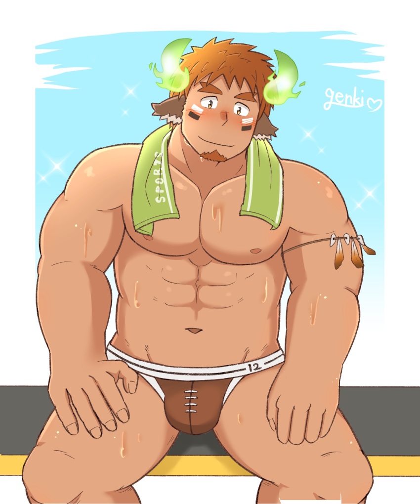 1boy abs animal_ears bad_anatomy bad_hands bara blush brown_eyes brown_hair brown_male_underwear bulge cow_boy cow_ears cow_horns dark-skinned_male dark_skin facial_hair feet_out_of_frame fiery_horns forked_eyebrows genki_(gen2_genki) glowing_horns goatee highres horns male_focus male_underwear muscular muscular_male navel nipples pectorals rugby_underwear short_hair sitting smile solo spiked_hair stomach sweat thighs tokyo_houkago_summoners topless_male underwear wakan_tanka wakan_tanka_(fashionista_swimsuit)
