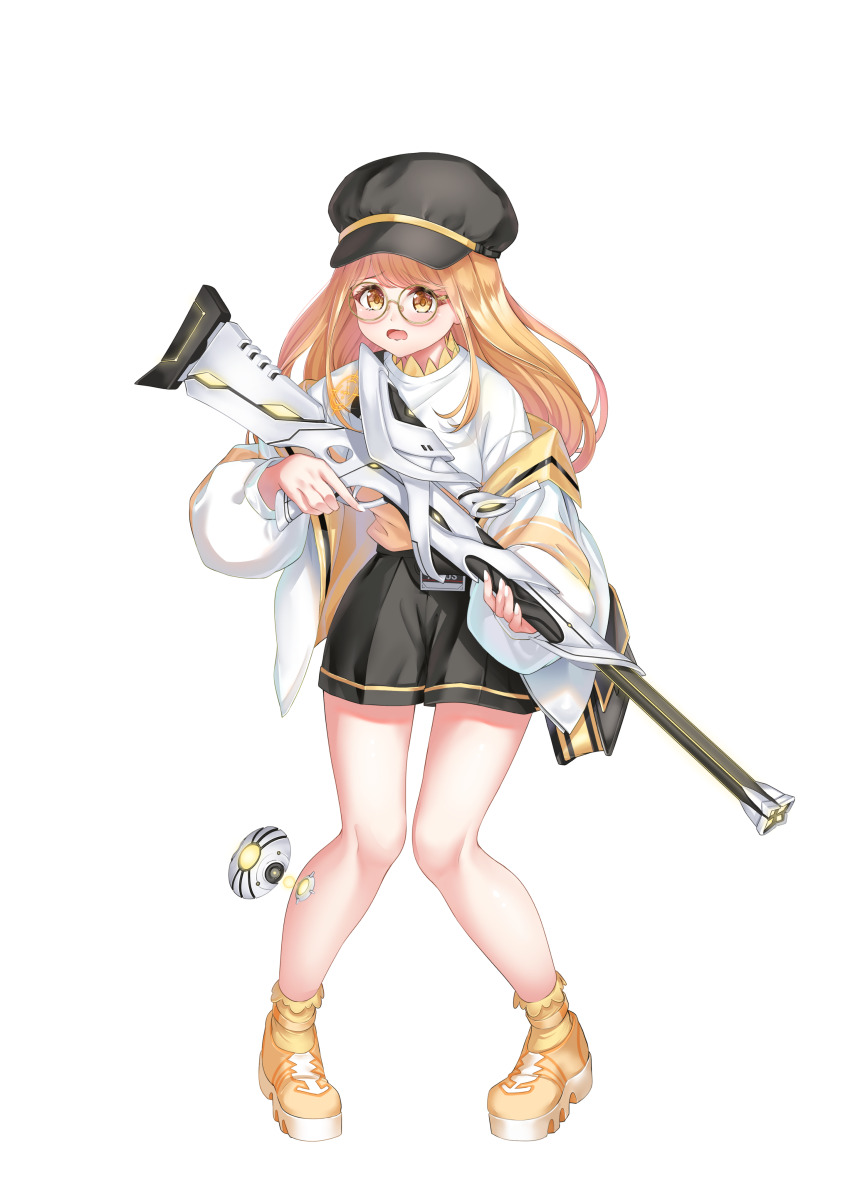 1girl absurdres black_hat black_shorts blonde_hair commentary_request full_body gun hat highres holding holding_gun holding_weapon open_mouth original rissenka round_eyewear shirt shoes shorts simple_background socks solo standing tongue weapon white_background white_shirt yellow-framed_eyewear yellow_eyes yellow_shoes yellow_socks