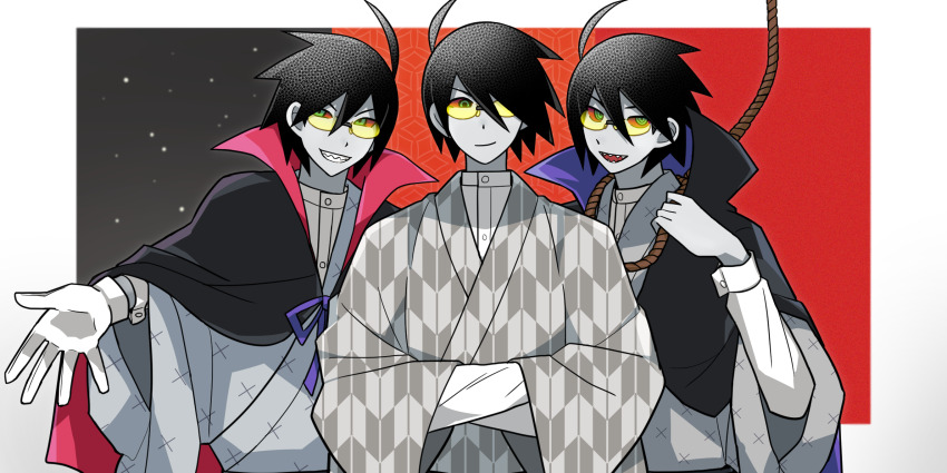 ahoge arm_up black_cape black_hair bow cape colored_sclera colored_skin commentary_request crossed_arms glasses gloves green_eyes grey_skin hair_between_eyes highres imminent_suicide itoshiki_nozomu japanese_clothes kimono looking_at_viewer looking_to_the_side magusagari male_focus multiple_persona noose official_alternate_color official_alternate_costume open_mouth outer_glow partial_commentary purple_bow red_background red_sclera sayonara_zetsubou_sensei sharp_teeth smile star_(sky) teeth three-toned_background upper_body white_gloves yagasuri