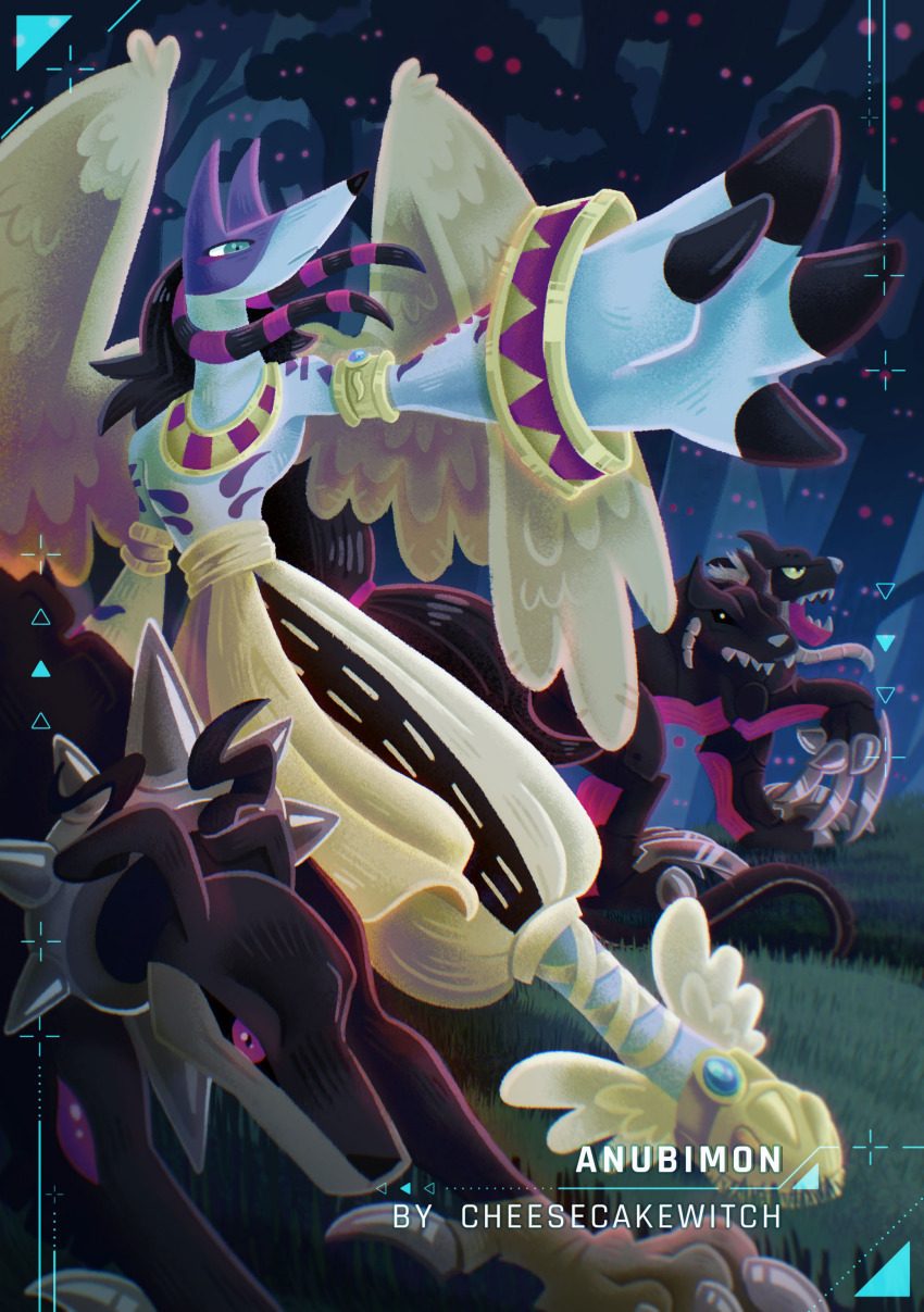 absurdres anubimon cerberumon digimon digimon_(creature) dobermon evolutionary_line forest grass highres nature red_eyes spikes tree wings