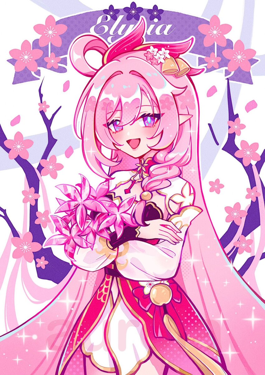 1girl absurdly_long_hair aurola030 bell braid branch breasts character_name cherry_blossoms commentary commission diamond-shaped_pupils diamond_(shape) dress elf elysia_(herrscher_of_human:_ego)_(honkai_impact) elysia_(honkai_impact) elysia_(peachy_spring)_(honkai_impact) english_commentary flower hair_bell hair_flower hair_ornament highres holding holding_flower honkai_(series) honkai_impact_3rd long_hair official_alternate_costume open_mouth pink_hair pointy_ears purple_eyes red_dress single_braid smile solo symbol-shaped_pupils very_long_hair