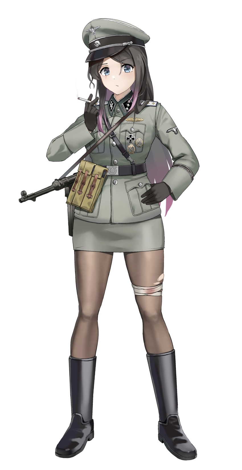1girl absurdres black_boots black_gloves black_hair black_pantyhose blue_eyes boots breast_pocket cigarette epaulettes gloves gradient_hair green_hat green_jacket green_skirt gun hat highres holding holding_cigarette jacket long_hair long_sleeves magazine_(weapon) military military_uniform miniskirt mp40 multicolored_hair nazi original pantyhose peaked_cap pencil_skirt pocket purple_hair scar scar_across_eye scar_on_face skirt solo ss_insignia ss_uniform submachine_gun swastika totenkopf unicron_(brous) waffen-ss weapon world_war_ii