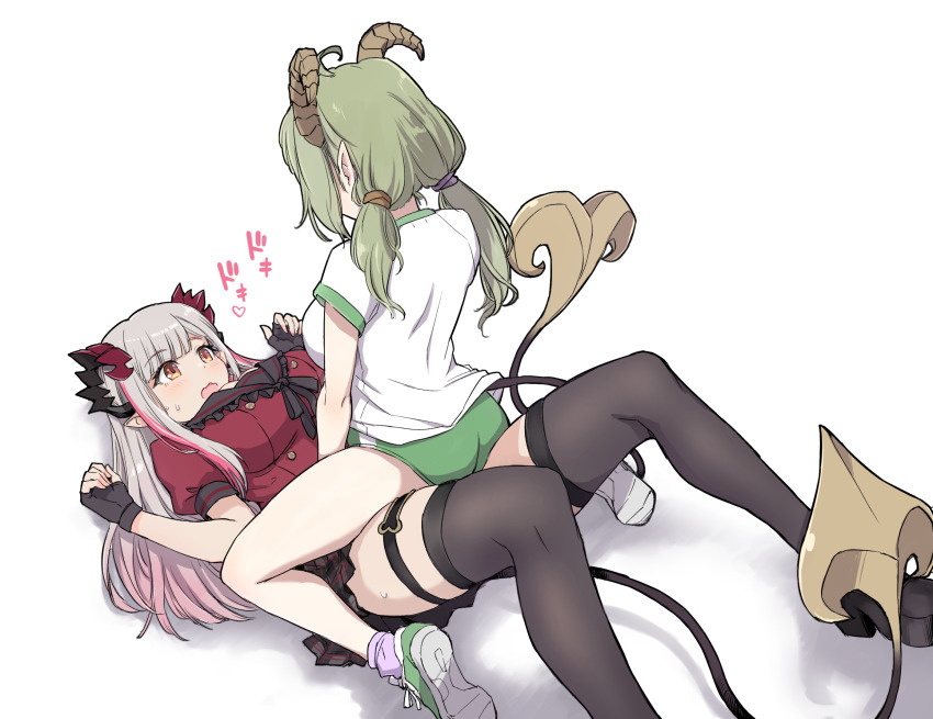 black_gloves black_sailor_collar black_skirt black_thighhighs breasts brown_horns buruma commentary_request curled_horns demon_girl demon_horns demon_tail eye_contact fingerless_gloves frilled_sailor_collar frills girl_on_top gloves gradient_hair green_buruma green_hair grey_hair gym_uniform headgear highres honey_strap horns indie_virtual_youtuber jyaco large_breasts looking_at_another multicolored_hair nanashi_inc. orange_eyes pink_hair plaid_clothes plaid_skirt pleated_skirt pointy_ears puffy_short_sleeves puffy_sleeves red_horns red_shirt sailor_collar school_uniform sekishiro_mico shirt short_sleeves simple_background skirt straddling suou_patra suou_patra_(8th_costume) tail thigh_strap thighhighs transparent_background virtual_youtuber