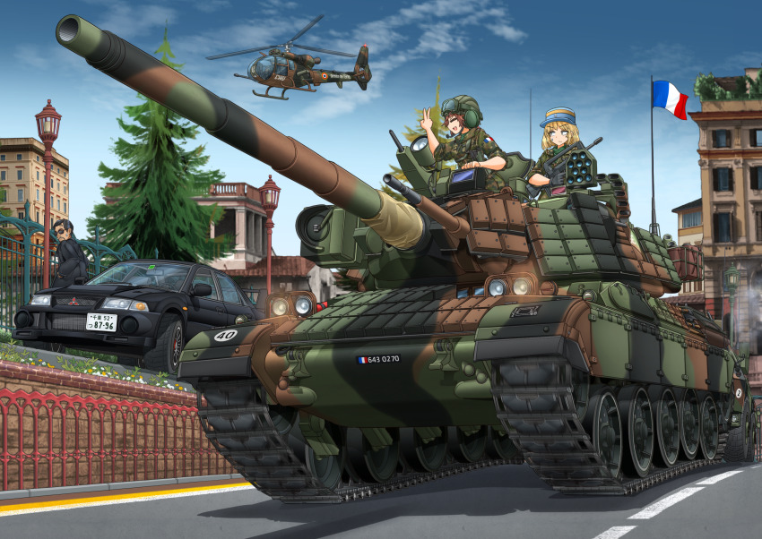 1boy 2girls absurdres aerospatiale_gazelle aircraft amx_30b2_brenus assault_rifle beard black_car black_coat black_gloves black_hair blonde_hair blue_sky brown_hair building bullpup camouflage camouflage_jacket car caterpillar_tracks closed_eyes cloud coat commentary_request day facial_hair famas flag flag_on_vehicle flagpole france french_army french_flag gloves goggles goggles_on_headwear green_headwear green_jacket gun hand_in_pocket hat helicopter helmet highres holding holding_gun holding_weapon jacket katano_(taxi_2) kepi lamppost left-hand_drive license_plate mikeran_(mikelan) military_combat_uniform military_hat military_jacket military_uniform military_vehicle mitsubishi_lancer_evolution motor_vehicle multiple_girls open_mouth original outdoors radio_antenna reactive_armor rifle road roundel sky sleeves_rolled_up smile soldier street sunglasses sweatdrop tank tank_helmet tank_turret taxi_(series) tinted_eyewear tree trench_coat trigger_discipline v vehicle_focus weapon