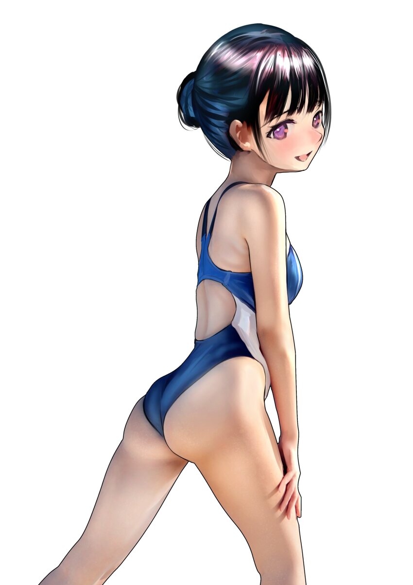 1girl absurdres ass bare_shoulders black_hair blue_one-piece_swimsuit blush breasts competition_school_swimsuit competition_swimsuit emutsuichi hair_bun highres looking_at_viewer one-piece_swimsuit open_mouth original purple_eyes school_swimsuit short_hair simple_background small_breasts smile solo swimsuit two-tone_one-piece_swimsuit two-tone_swimsuit white_background white_one-piece_swimsuit