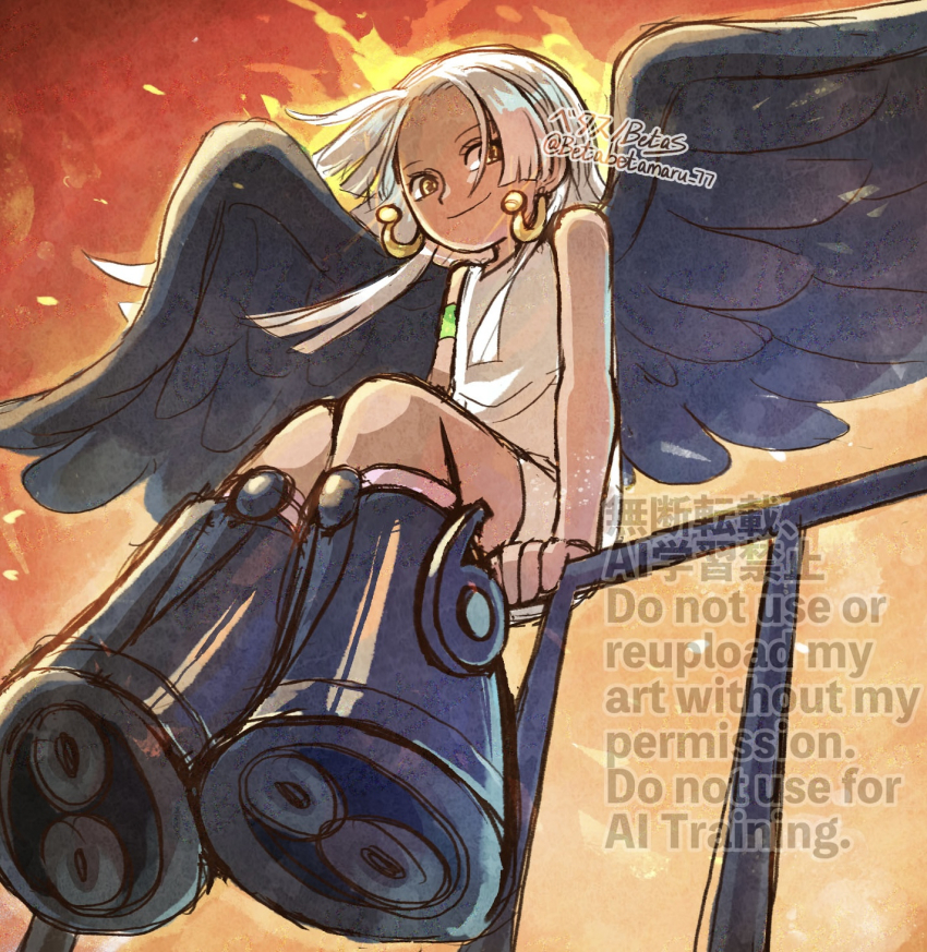 1girl betabetamaru black_boots black_wings blood boots closed_mouth dark-skinned_female dark_skin earrings fire green_blood highres jewelry long_hair on_railing one_piece railing s-snake sitting smile snake_earrings solo star-shaped_pupils star_(symbol) symbol-shaped_pupils white_hair wings yellow_eyes