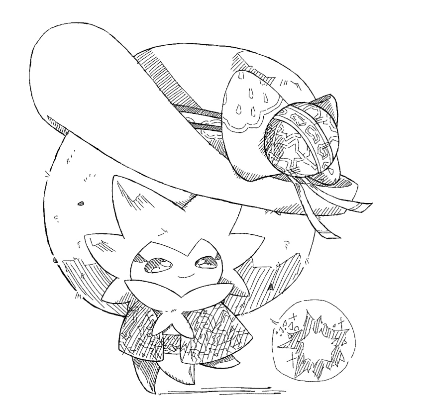 clothed_pokemon eldegoss gen_8_pokemon greyscale hat looking_up monochrome nintendo no_humans o_o_(pixiv_91006494) pokemon pokemon_(creature) simple_background sketch solo white_background