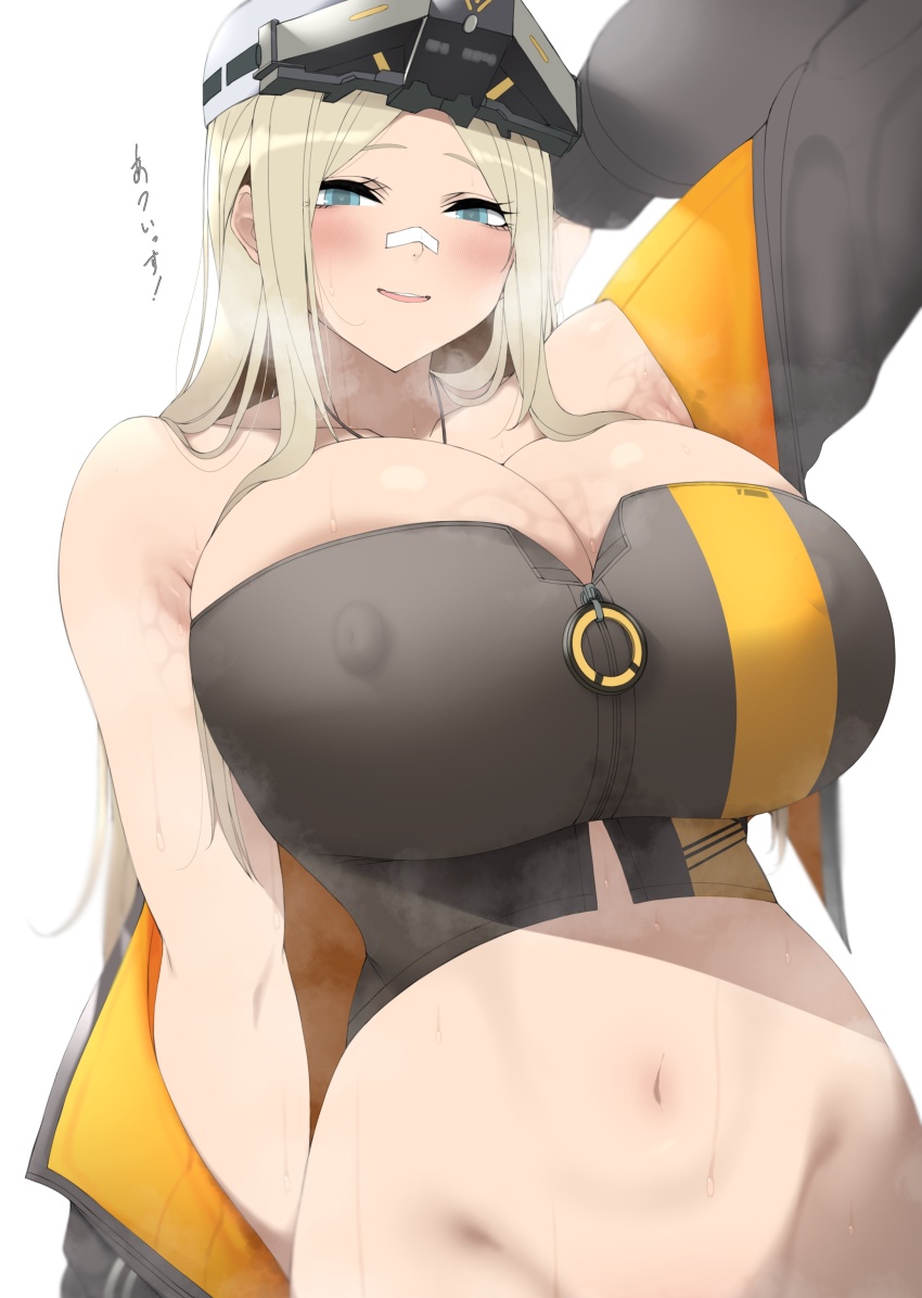 1girl absurdres aizawa_marimo arm_behind_head arm_up armpit_crease bandaid bandaid_on_face bandaid_on_nose black_jacket black_tube_top blonde_hair blue_eyes blush breasts breath centi_(nikke) cleavage commentary covered_erect_nipples cowboy_shot crop_top goddess_of_victory:_nikke hard_hat helmet highres hot huge_breasts impossible_clothes impossible_shirt jacket long_hair looking_at_viewer navel open_clothes open_jacket orange_jacket orange_tube_top parted_bangs parted_lips shirt sidelocks simple_background single_off_shoulder smile solo standing steaming_body straight_hair strapless sweat translated tube_top two-sided_fabric two-sided_jacket two-tone_tube_top white_background zipper_pull_tab