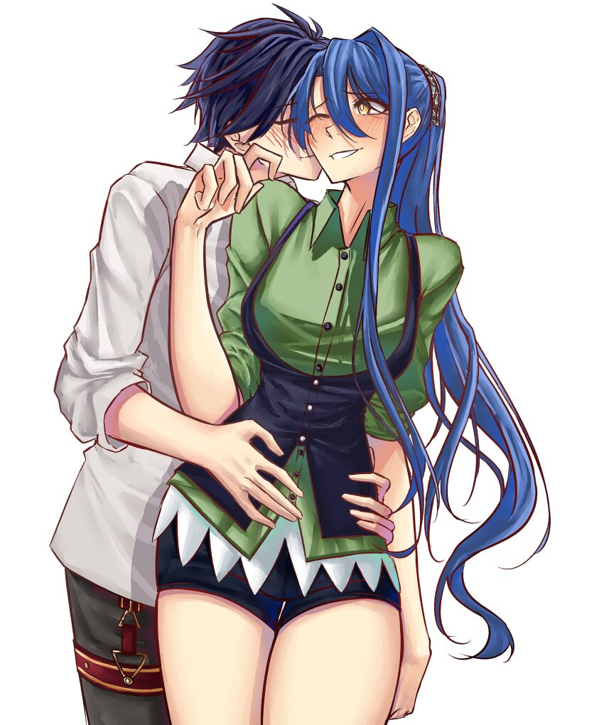 1boy 1girl absurdres black_hair blue_hair blush breasts closed_eyes commentary commission double-parted_bangs eiyuu_densetsu english_commentary hair_between_eyes highres hug hug_from_behind large_breasts laura_s._arseid long_hair moren_eh one_eye_closed ponytail rean_schwarzer sen_no_kiseki_(series) short_hair shorts simple_background single_hair_intake smile vest waistcoat white_background yellow_eyes