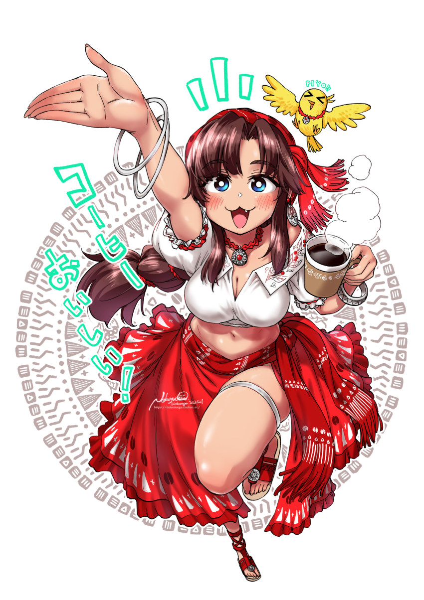 &gt;_&lt; 1girl arm_up bird blue_eyes blush bracelet braid breasts brown_hair cleavage coffee crop_top cup dated disposable_coffee_cup disposable_cup earrings fang fingernails from_above gypsy headband highres holding holding_cup hoop_earrings jewelry large_breasts long_fingernails looking_at_viewer navel necklace nekoguchi open_mouth original puffy_short_sleeves puffy_sleeves red_headband red_skirt sandals shirt short_sleeves signature skindentation skirt smile solo standing standing_on_one_leg stomach thick_thighs thighs white_background white_shirt
