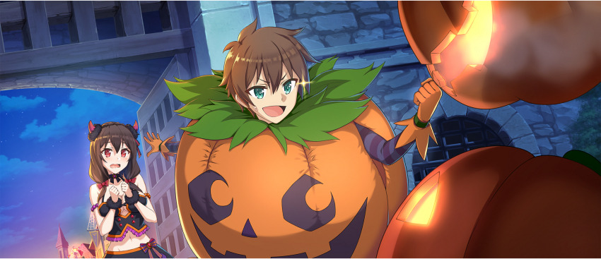 1boy 1girl :d black_choker black_skirt bow braid breasts bridge brown_hair choker cleavage clenched_hand clenched_hands cloud crown_braid double-parted_bangs dutch_angle game_cg gem gloves green_eyes groin hair_bow halloween halloween_costume hands_up head_tilt highres horn_hairband horns jack-o&#039;-lantern kono_subarashii_sekai_ni_shukufuku_wo! konosuba!_fantastic_days large_breasts medium_hair midriff navel night night_sky official_art open_mouth orange_gloves outdoors protecting purple_bow red_bow red_eyes red_gemstone red_horns ribbon_choker satou_kazuma skirt sky small_sweatdrop smile sparkle star_(sky) starry_sky striped_bow third-party_source worried yunyun_(konosuba)