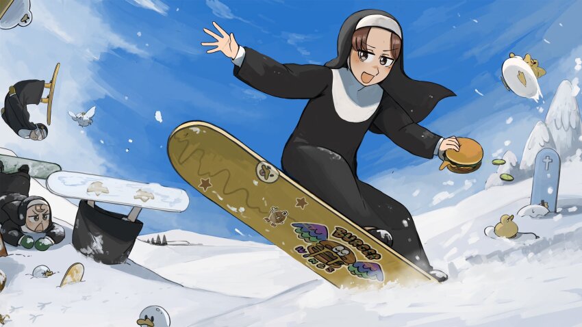 4girls :d bird brown_eyes brown_hair burger chicken commentary cross diva_(hyxpk) duck duckling english_commentary food froggy_nun_(diva) goggles green_mittens highres holding holding_burger holding_food hungry_nun_(diva) little_nuns_(diva) mittens multiple_girls nun open_mouth owl smile snow snowboard snowboarding star_nun_(diva) star_ornament traditional_nun triangle_mouth