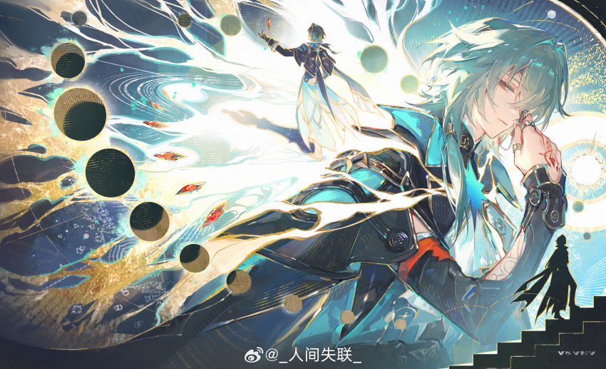 1boy abstract_background absurdres anaxa_(honkai:_star_rail) black_coat chinese_commentary closed_mouth coat commentary_request eyepatch green_hair hand_tattoo highres honkai:_star_rail honkai_(series) male_focus medium_hair multiple_views red_eyes renjian_shilian stairs tattoo